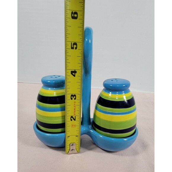 Ceramic Salt & Pepper Shakers with Holder- Blue green yellow multicolor - Picture 9 of 10